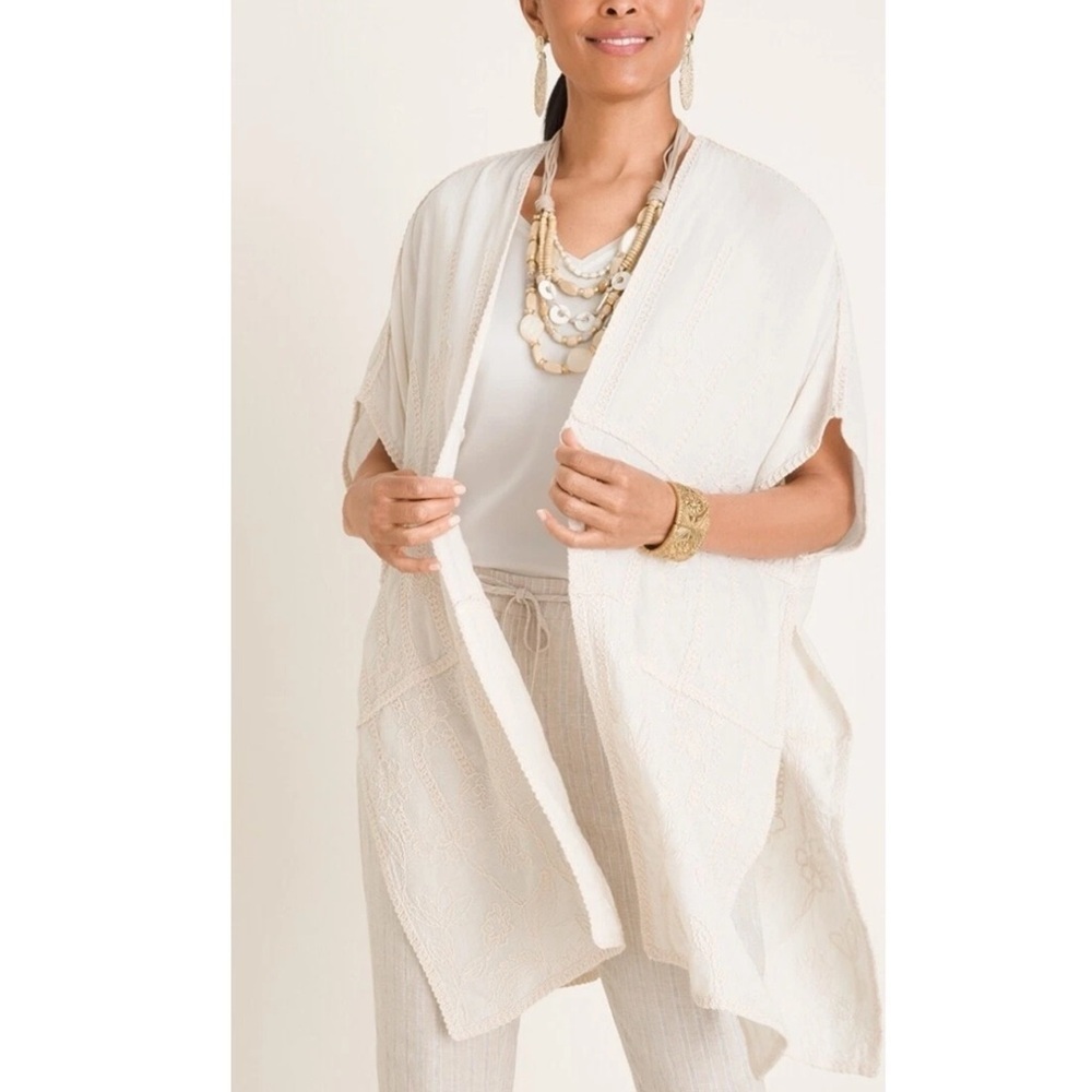 Chico’s Cream Embroidered Ruana Wrap Kimono Cardigan One Size Cotton Blend